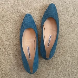 Manolo Blahnik turquoise suede flats